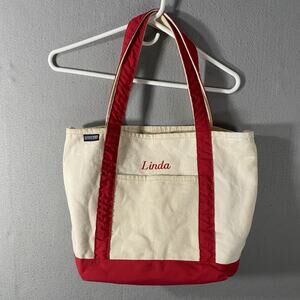 Vintage 90s Land’s End LINDA Boat Tote Bag Canvas Red Trim USA Made 15 x 13